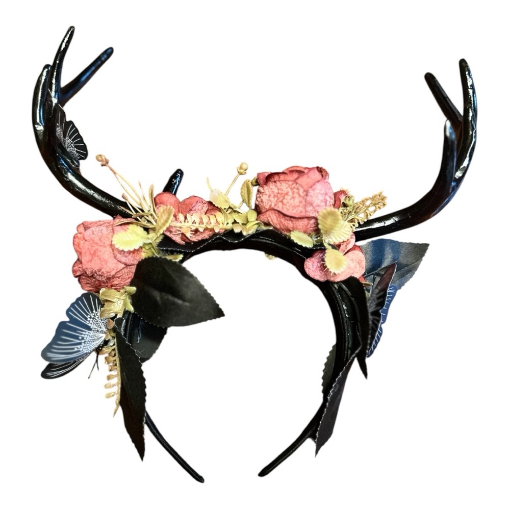 Floral Antler Headband with Pink and Black Accents   Handmade